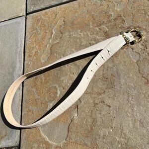 Vintage 80s Cream Grey Leather Belt Gold Buckle